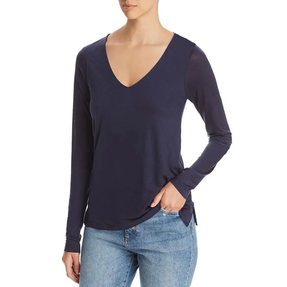 Three Dots Womens Navy Tencel V-Neck Tee T-Shirt Top NWT
